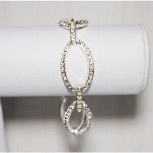 Signed Monet Oval Rhinestone Silver Tone Link Bracelet